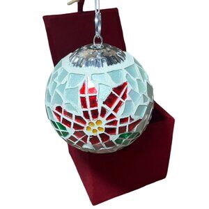 Mosaic Poinsettia Ornament 3.5"‎ Christmas Tree Decor Red Velvet Box Included